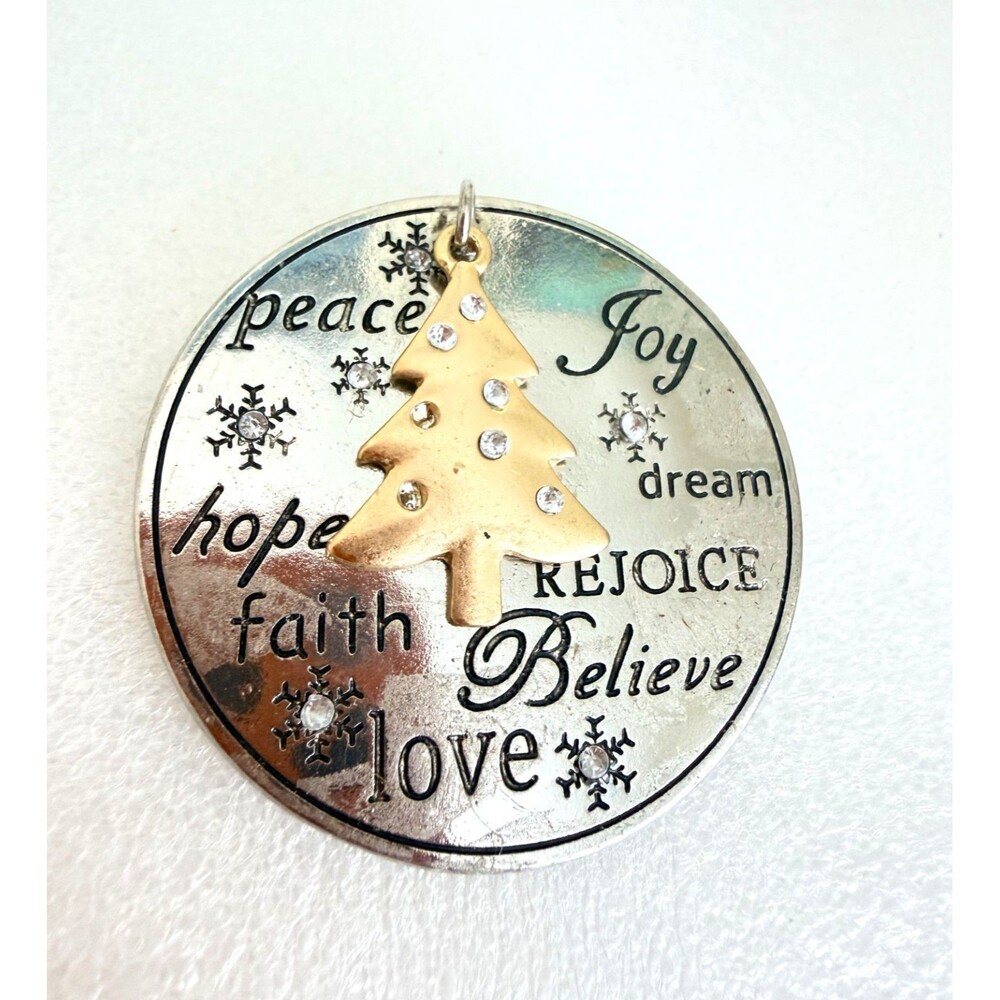 Vintage Christmas Tree Disc Brooch Pin Silver Tone Inspirational Words Rhineston
